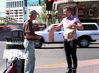 Street Magician Rips Up A Homeless Man’s Sign, And Then Surprises Him With…
