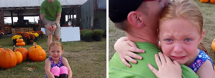 Little Girl Burst Into Tears After Being Surprised By Her Father In A Pumpkin Patch.