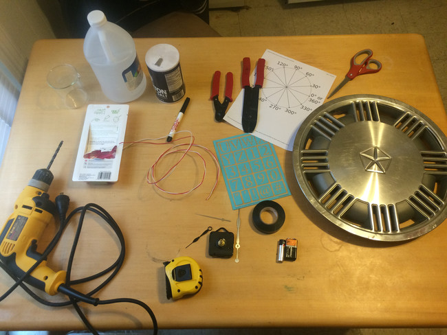 Here are all the supplies needed for this hubcap clock project.