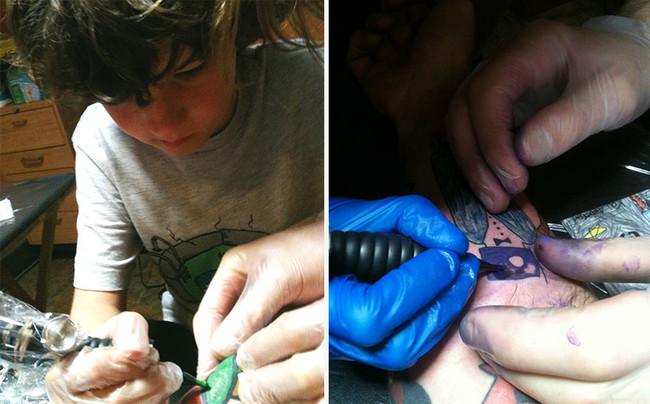 Here's Kai tattooing his dad, with some guidance from the tattoo artist. 