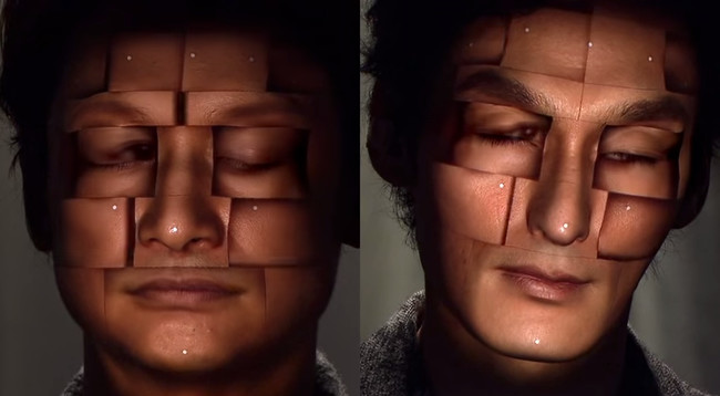 The white dots on the men's faces are to help map the shape of their faces. A replica of their own face is projected, with special effects added in to create all kinds of illusions.