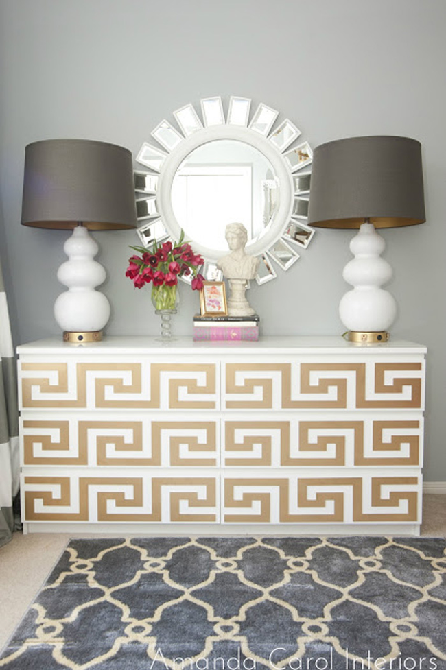 6.) Spice up your dresser with <a href="https://blog.amandacarolinteriors.com/2011/09/ikea-malm-dresser-goes-glam.html" target="_blank">easy to install overlays</a>.