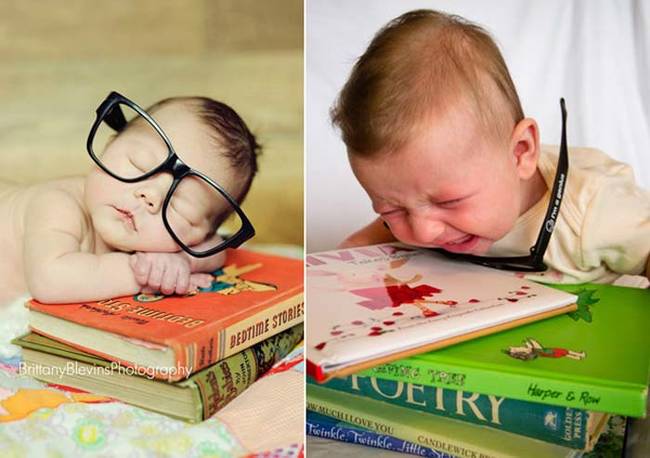 24.) I'd be crying too if my parents made me sleep on a stack of books.