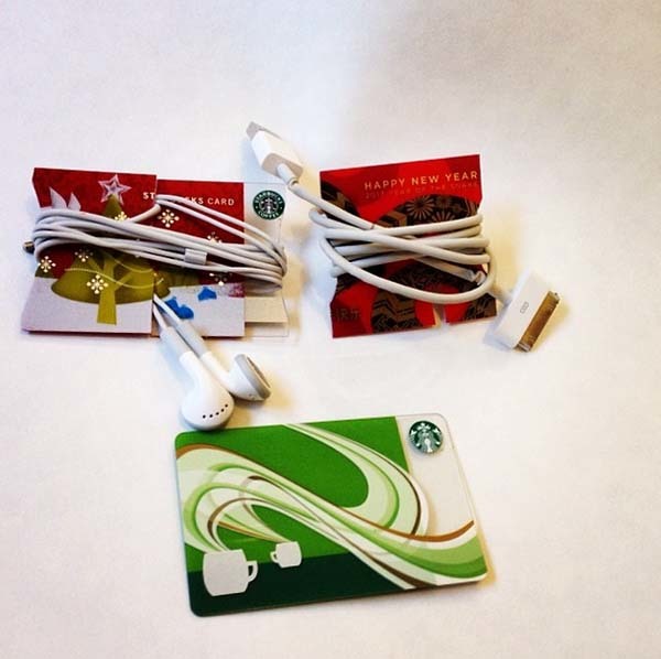 8.) Wrap your small cords around old gift cards to keep them from getting tangled.