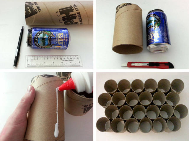 Next, measure the can and cut the cardboard tubes into 25 pieces of the same length. Use some glue to attach these pieces to each other. Place them somewhere they won't be disturbed and let them dry.