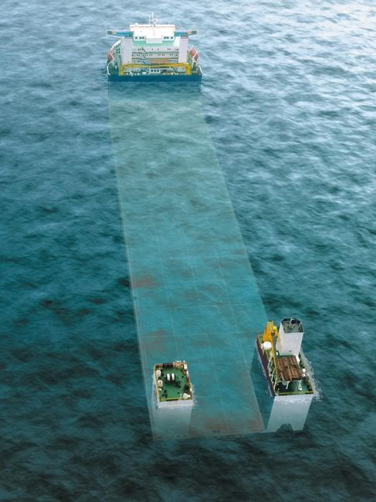 This is the Blue Marlin, a semi-submerging vessels capable of lifting another ship out of the water and transporting it.