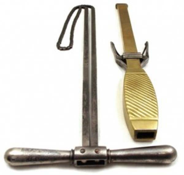 8.) Ecraseur (1870s): This tool was used to remove hemorrhoids, uterine tumors or ovarian tumors by severing them. The chain was looped over the mass and tightened using the ratchet, stopping the circulation of blood to the area.