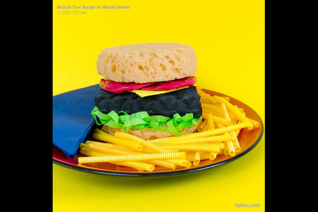 "Bicycle Tyre Burger w/ Bendy Straws"