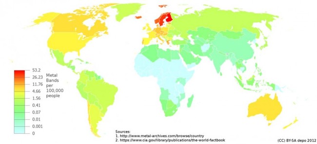 19. Number of heavy metal bands per 100,000 people.