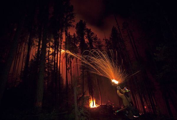 21.) A firefighter in Montana tries to combat a wildfire. He's using a Veri-pistol to create a fire up slope. The slope is meant to suck in smaller fires and keep firefighter lines intact.