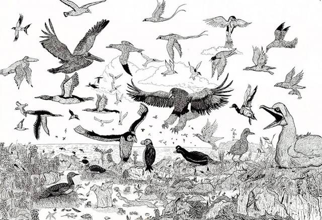 A sketch of a flurry of ornithological activity by the ocean-side.
