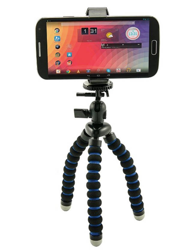 If you're planning on using your smartphone, this <a href="https://www.amazon.com/Universal-Smartphone-Holder-Flexible-Samsung/dp/B00I58VB3Y/ref=sr_1_2?ie=UTF8&qid=1418247687&sr=8-2&keywords=smartphone+tripod=vira0d-20">$18 tripod</a> is compatible with any phone.