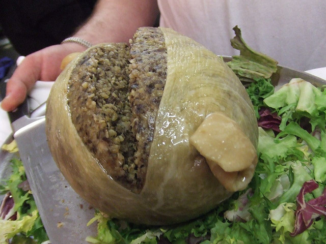 9.) Haggis, or sheep stomach, is banned in this country because in "haggis" the Scottish found a word that somehow sounds less appetizing than "sheep stomach". (Also, it contains sheep's lung, which isn't approved by the government, either.)