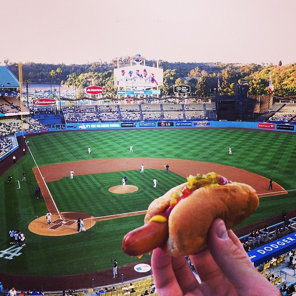 Enjoying a Dodger dog in LA.