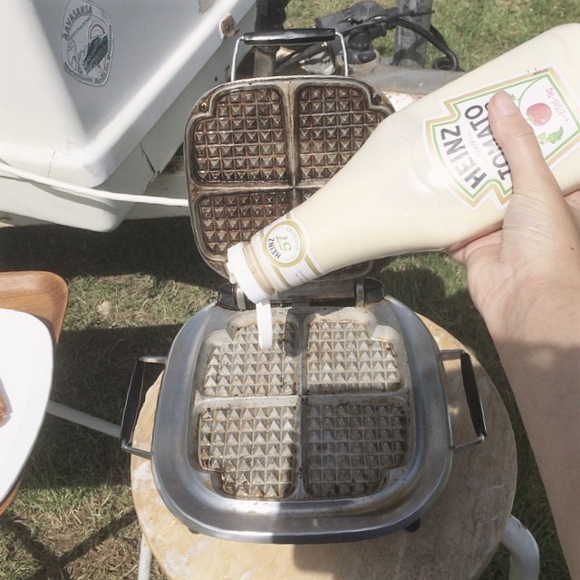 16.) Waffle batter in a ketchup bottle, awesome for camping.