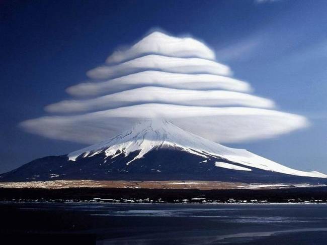 Dramatic lenticular clouds over Mt. Fuji.