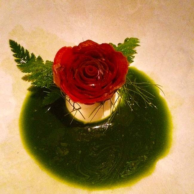 20.) Dessert: Rhubarb rose with creme fraiche in apple broth. So artfully presented.