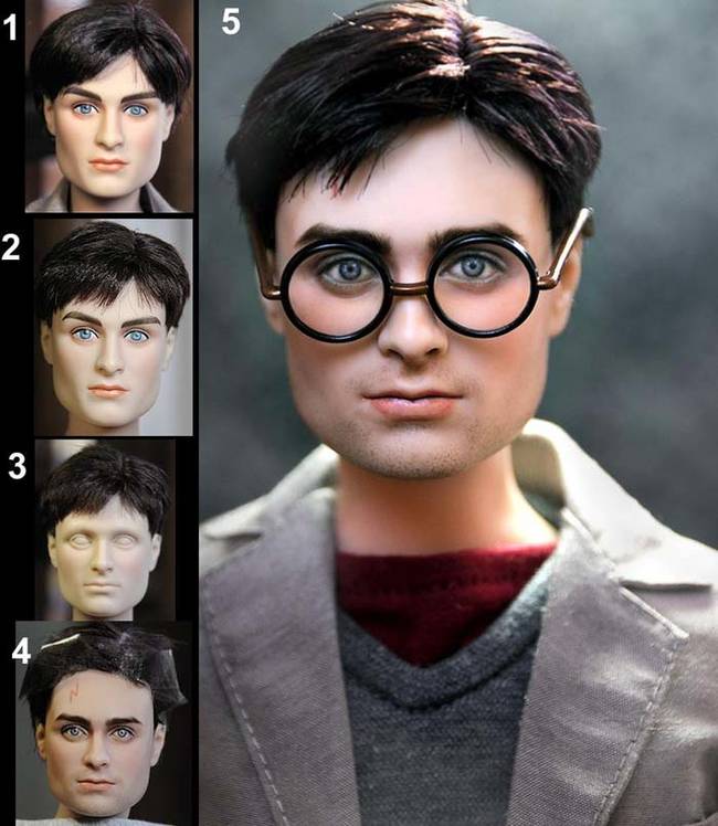 This Daniel Radcliffe <i>Harry Potter</i> doll appears to be wearing a bad toupee. Cruz fixed his hair and his boxy facial features.