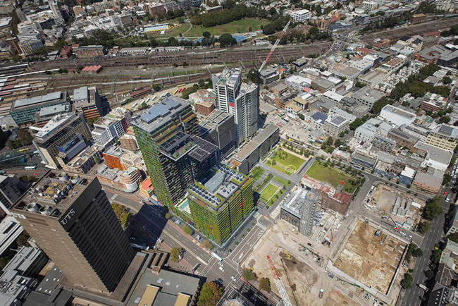 The building as seen from above, looking notably green.