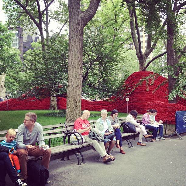 Taking a cue from Christo, these yarn panels swoop through a park.