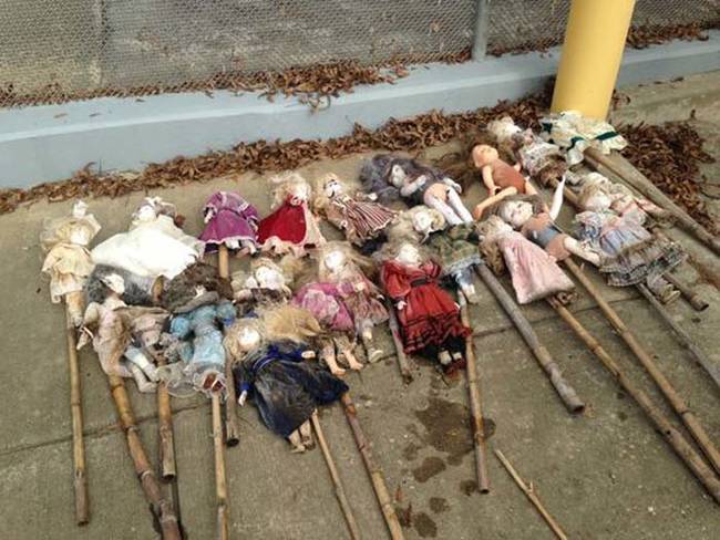 Police recovered a total of 21 dolls from the swamp. Each one was tied to a bamboo stake and looked like their faces and hair were sprayed with white paint.