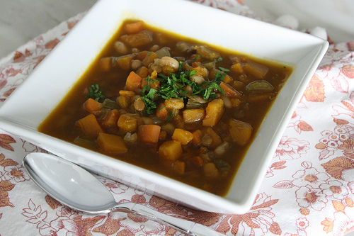 4.) <a href="https://heatherchristo.com/cooks/2010/10/18/pumpkin-white-bean-and-lentil-soup/">Pumpkin, White Bean and Lentil Soup</a>