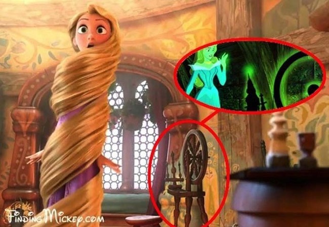 1.) Sleepy Beauty's spinning wheel can be found in Rapunzel's tower in Tangled.