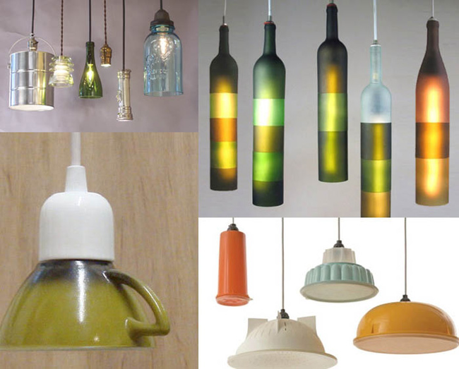 12.) Use old wine bottles, bowels and plastic tubs to create light shades.
