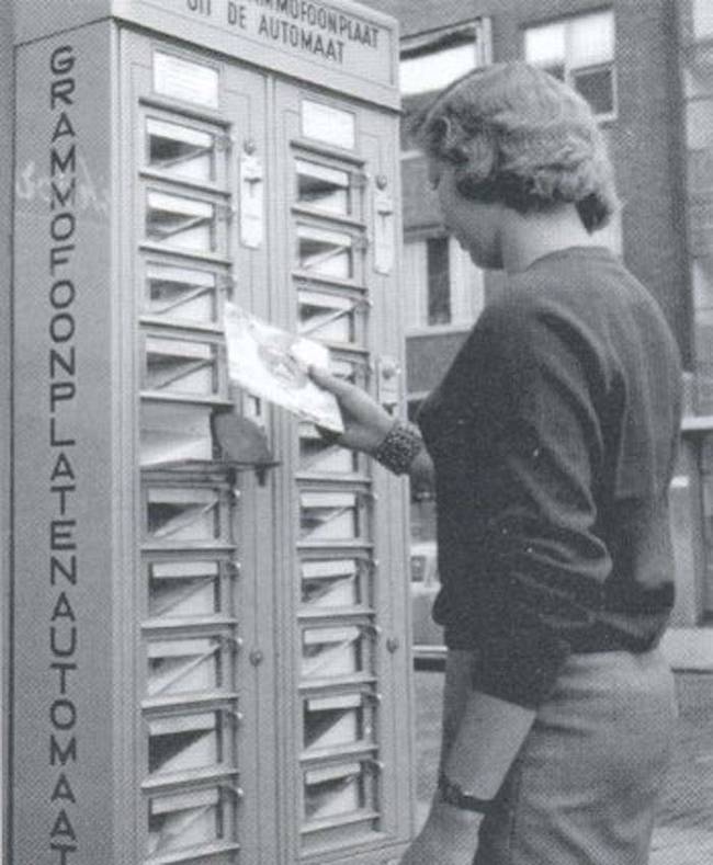 Enjoy your music with this 45 rpm record vending machine.