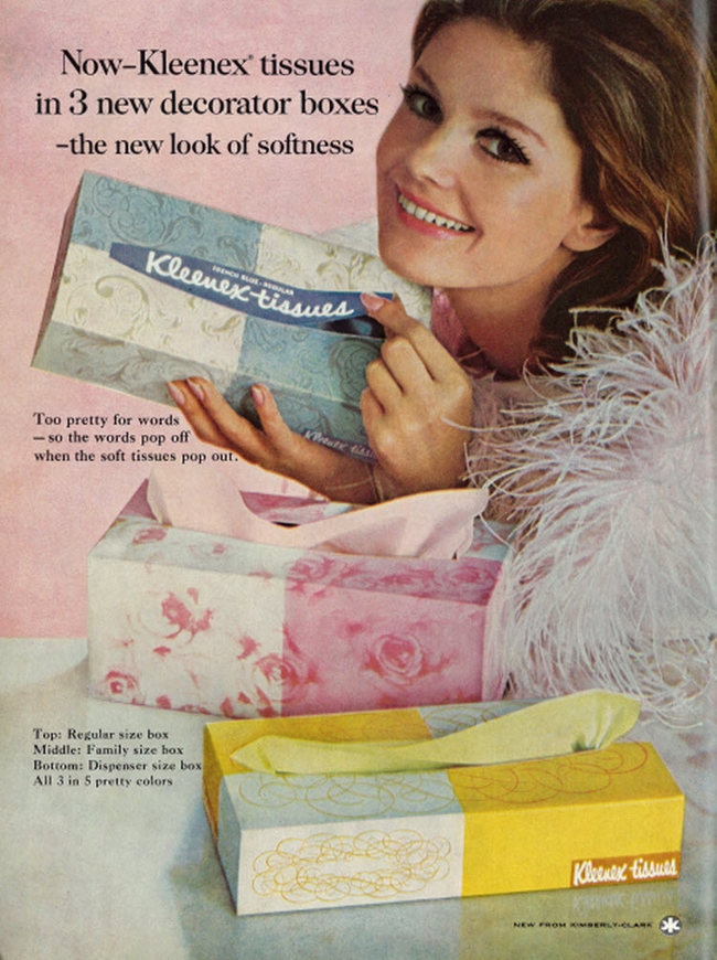 3.) Kleenex: Another Kimberly-Clark, this time using their excess supply of Cellucotton to create the thin, disposable tissues which were marketed at the time as "the new secret of keeping a pretty skin as used by famous movie stars." Sneezing apparently became a bigger issue than cold-creme application around 1930.