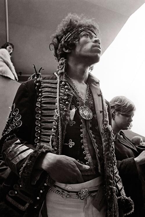 Jimi Hendrix backstage at Monterey Pop Festival, 1967.