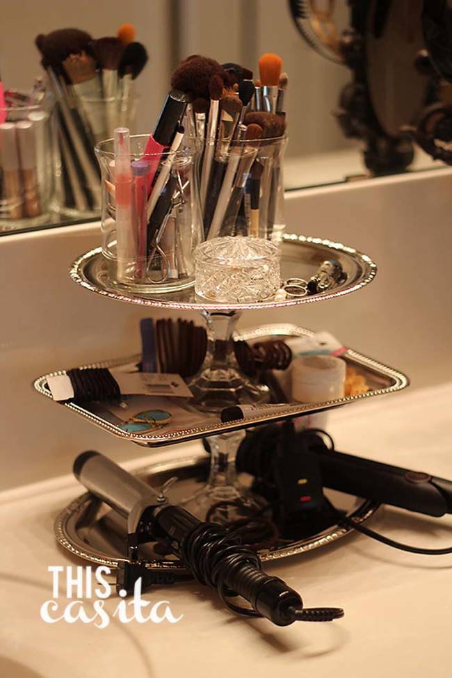 9.) Silver trays and candlesticks are an elegant way to store and display your makeup.