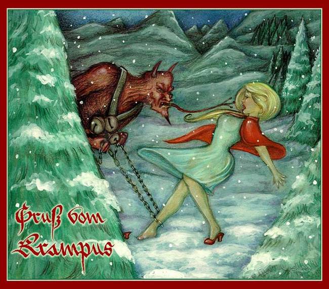 In parts of Europe Krampus has even been incorporated into the annual tradition of holiday cards. For example in German speaking countries you can find humerous Krampus themed cards with "Gruss vom Krampus," (Greetings from the Krampus), written on them.