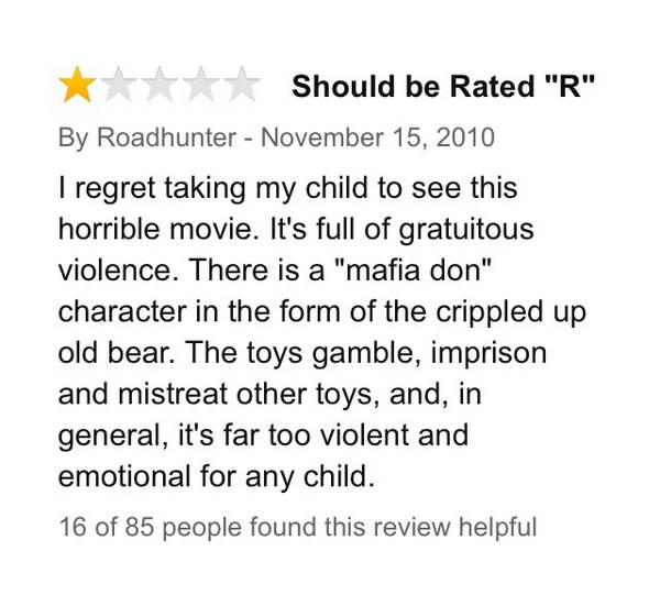 20.) A concerned parent reviewing "Toy Story 3."