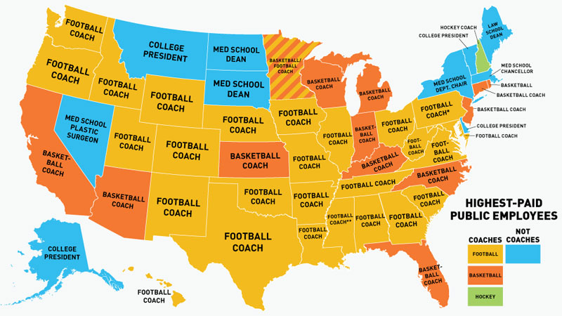 17.) US Map of the Highest Paid Public Employees by State