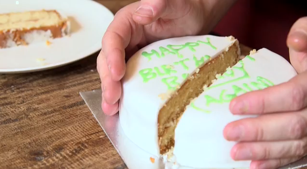 After the middle piece is gone, press the cake back together. This helps keep the inside unexposed and as fresh as it was on the day it was baked.