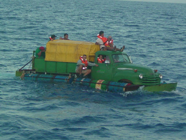 In 2003, a group of Cuban refugees made a raft out of a 1951 Chevy pickup truck and a few oil drums. The craft was found by Americans around Key West, and the refugees were sent home.