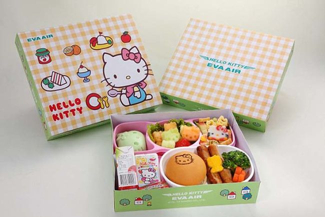 EVA Air decked out the entire plane from top to bottom in Hello Kitty attire. Even the food is Hello Kitty themed.