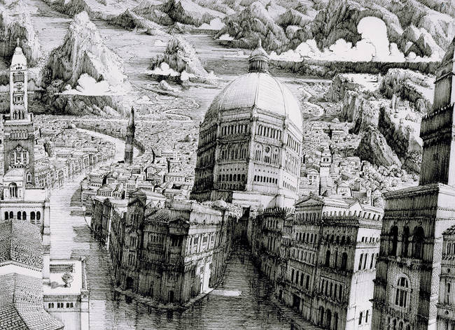 Ben likes to incorporate several types of architecture into his drawings, and draws inspiration from real places.