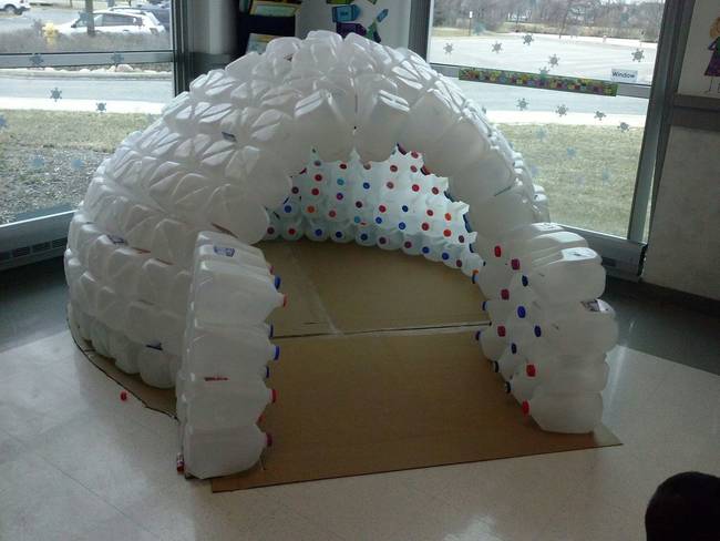 For all of you recyclers out there, this igloo is made entirely out of plastic gallon milk containers.