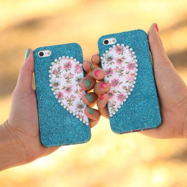 14.) Make a set of best friend phone cases with glitter, fabric, and craft pearls.