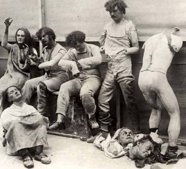 Damaged and melted mannequins after a fire at Madam Tussaud's wax museum in London, 1930.