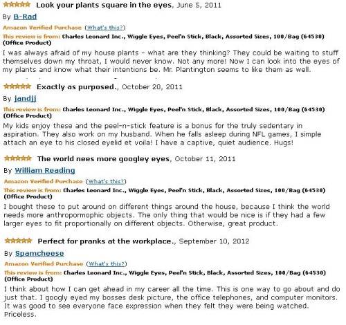 4.) Several awesome reviews of stick-on googly eyes.
