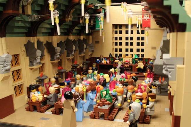 Inside the dining hall at Lego Hogwarts.