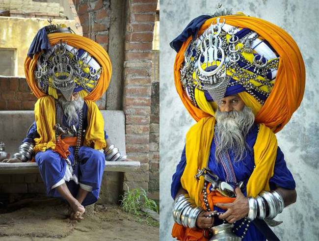 The turban is multicolored and decorated with silver ornaments and weighs about 100 pounds. That's 100 pounds of fabric resting on the 60-year-old's head all day every day.