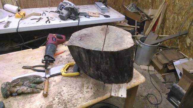 It really takes a lot of vision to look at an old walnut stump like this and see how it can be turned into something beautiful. First, it would have to be cut down to size.