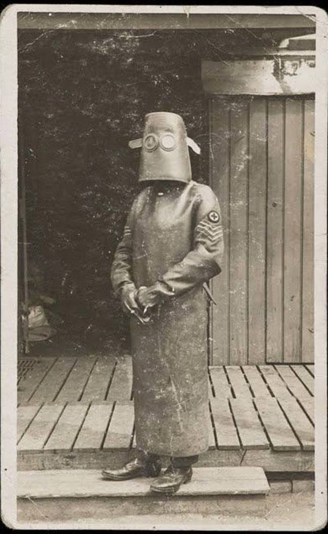 A French radiographer in his protective gear in 1918.