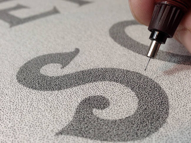 Up close, the smooth color is revealed to be thousands and thousands of tiny ink dots, created with a super-fine pen.