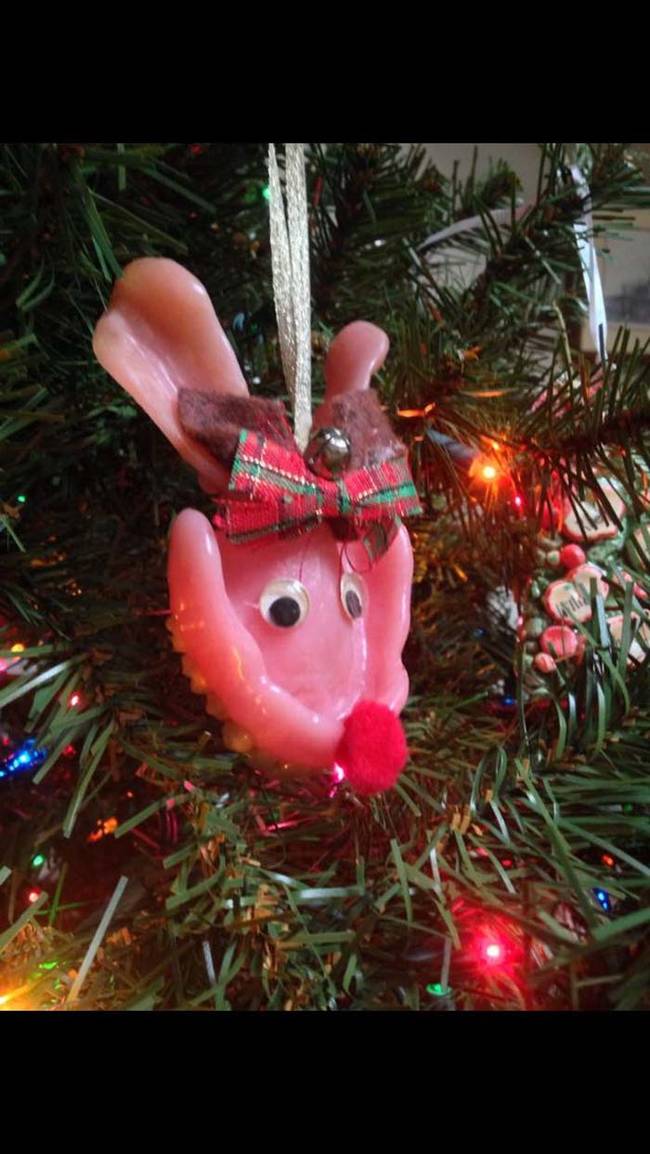 Apparently dentures make pretty good reindeer ornaments.