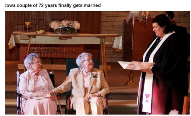 Alice "Nonie" Dubes and Vivian Boyack, 90 and 91, respectively, have been together for nearly three quarters of a century, and can just now be legally married, as Iowa has legalized same-sex marriage.